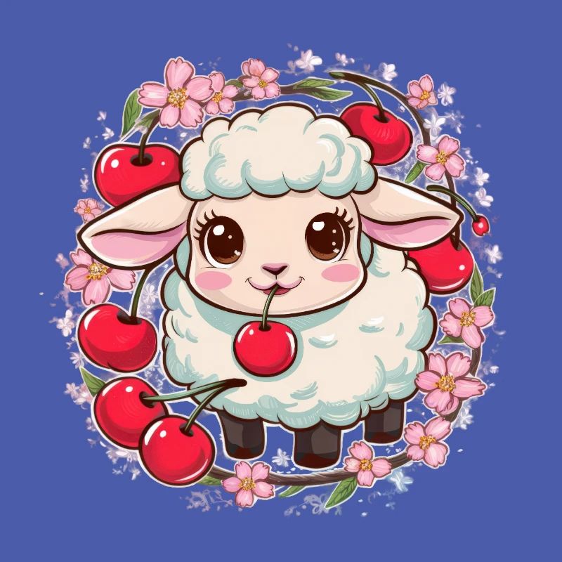 Kawaii Sheep with Cherries & Sakura Cherry Blossoms