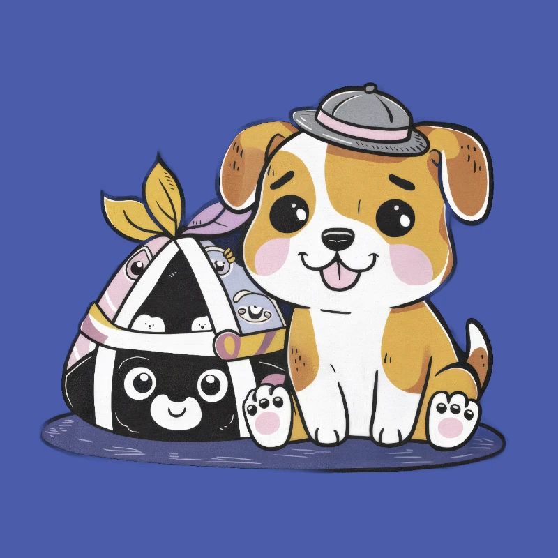 Kawaii Cartoon Dog with Onigiri Rice Balls