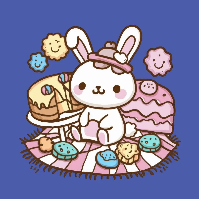 Dessin animé lapin kawaii avec des biscuits et un gâteau