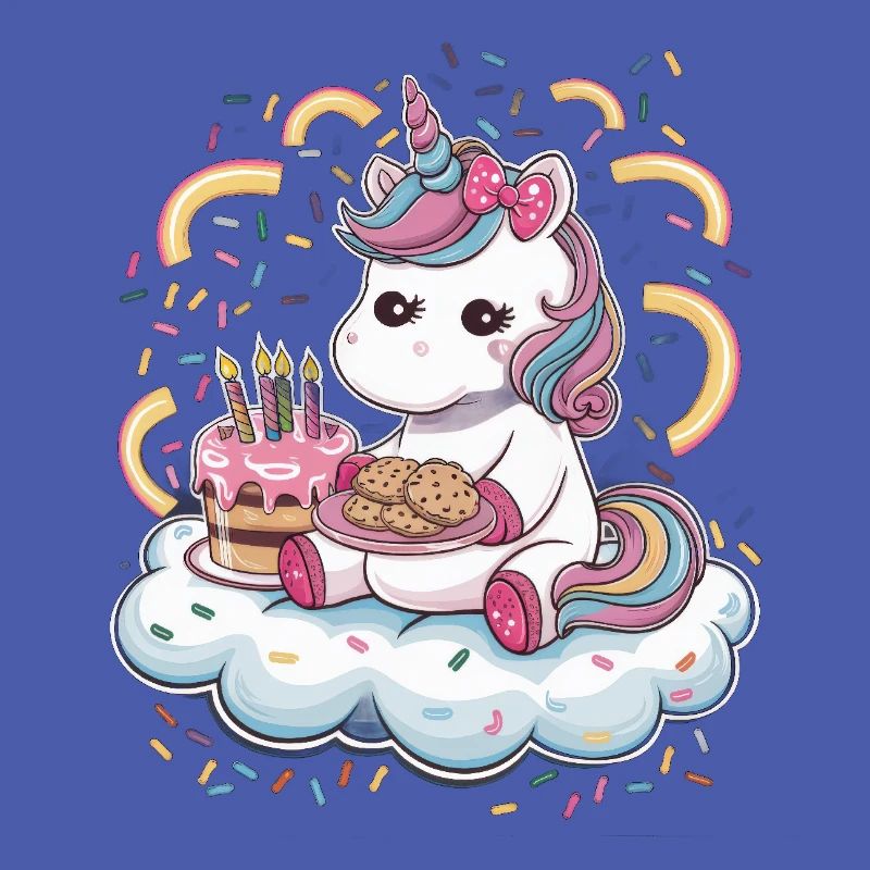 Licorne Kawaii de dessin animé avec des biscuits et un gâteau