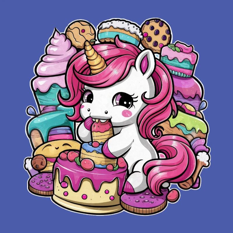 Licorne Kawaii de dessin animé avec des biscuits et un gâteau