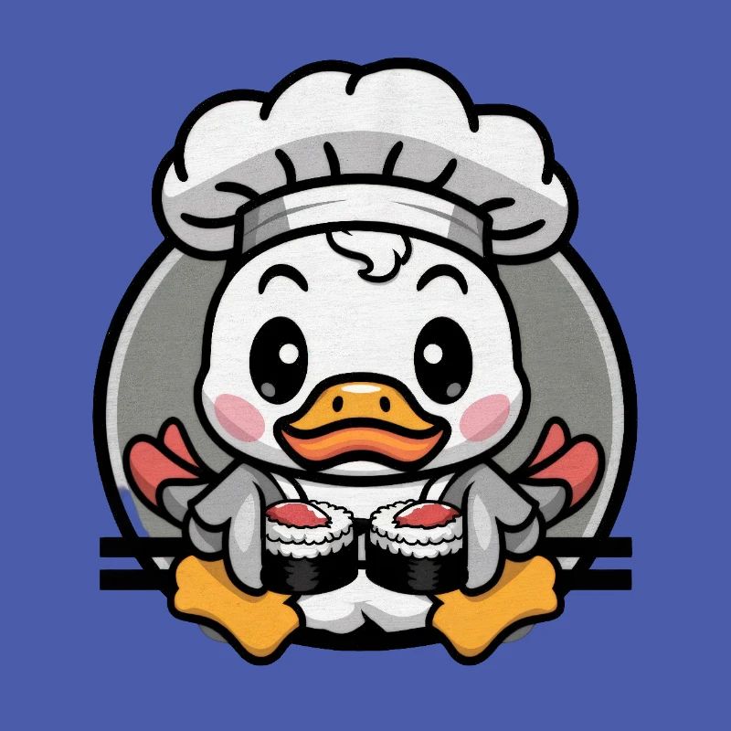 Caneton dans le style d’un dessin animé avec une toque de chef et des sushis