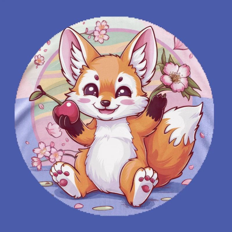 Kawaii Fuchs mit Kirschen und Sakura Kirschblüten