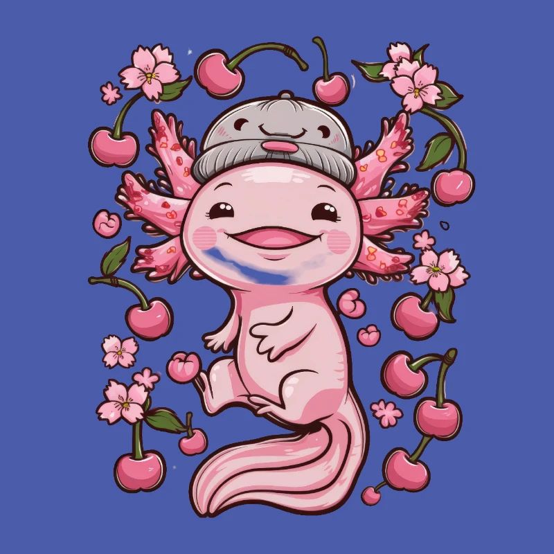 Axolotl with Cherries and Sakura Cherry Blossoms