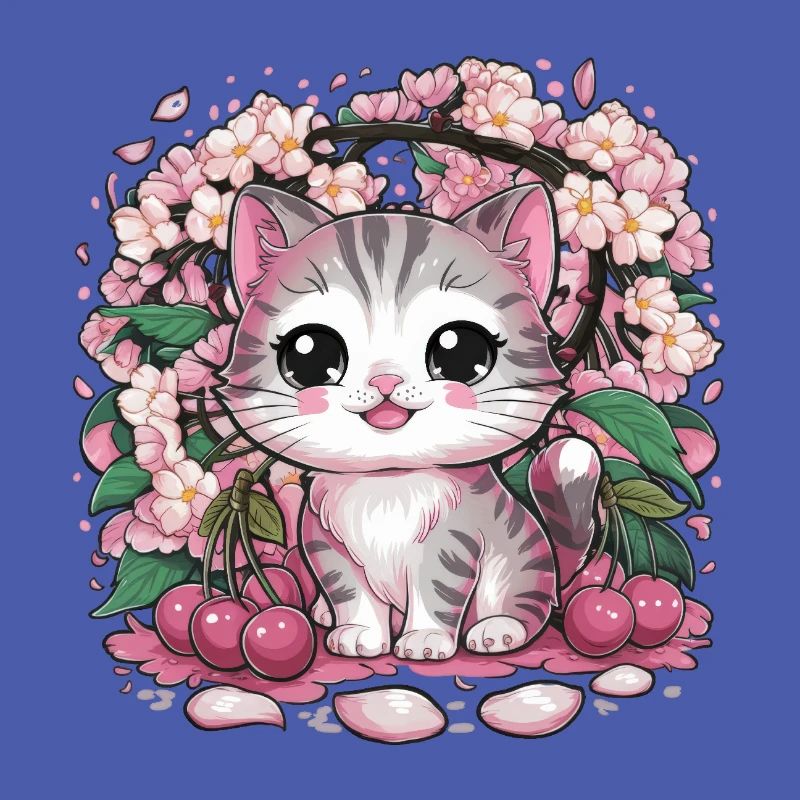Kawaii Cat with Cherry Blossoms and Cherries