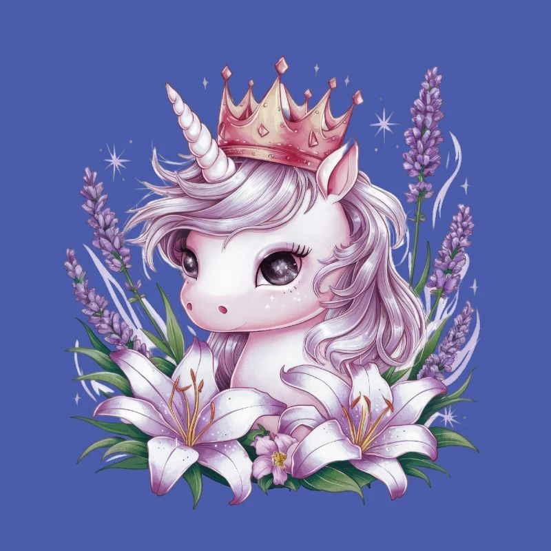 Kawaii Unicorn with Lavender and Lilies