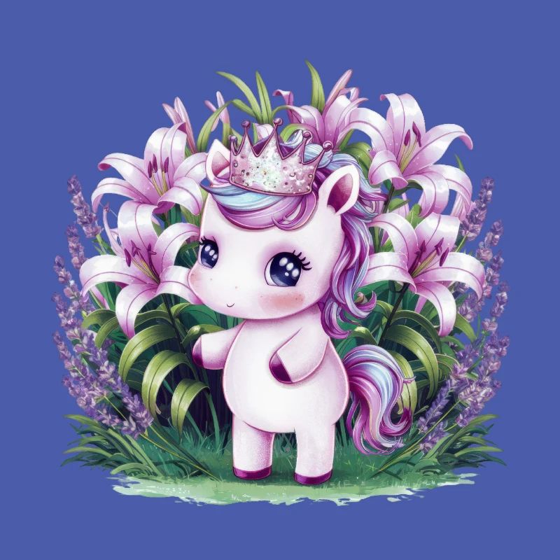 Kawaii Unicorn with Lavender and Lilies
