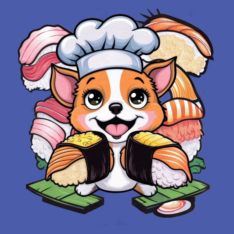 Niedlicher Kawaii Hund mit Sushi
