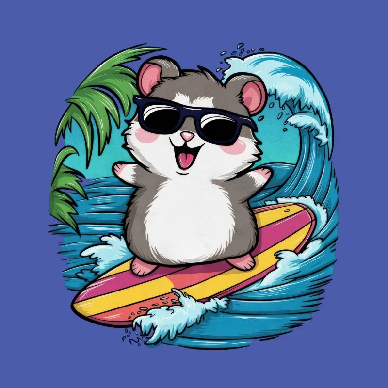 Hamster dans le style dessin animé avec planche de surf et plage