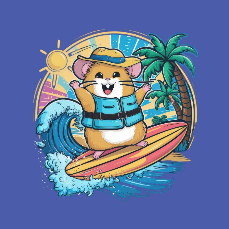 Hamster dans le style dessin animé avec planche de surf et plage