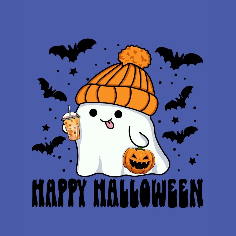 Halloween Ghost with Bubble Tea Jack-o-lantern Hat