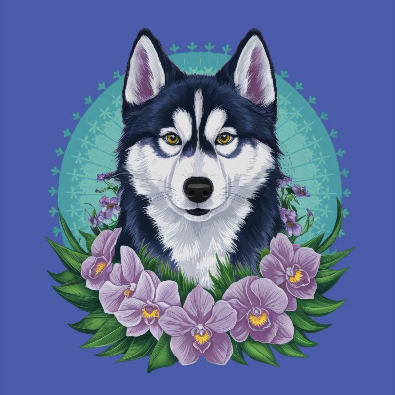 Cute cartoon husky with pretty orchids