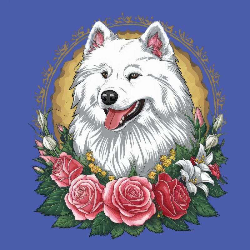 Süßer Samojede Spitz mit Rosen und Lillien