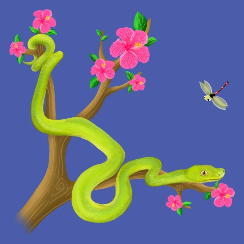 The Green Python snake on the tree with flowers