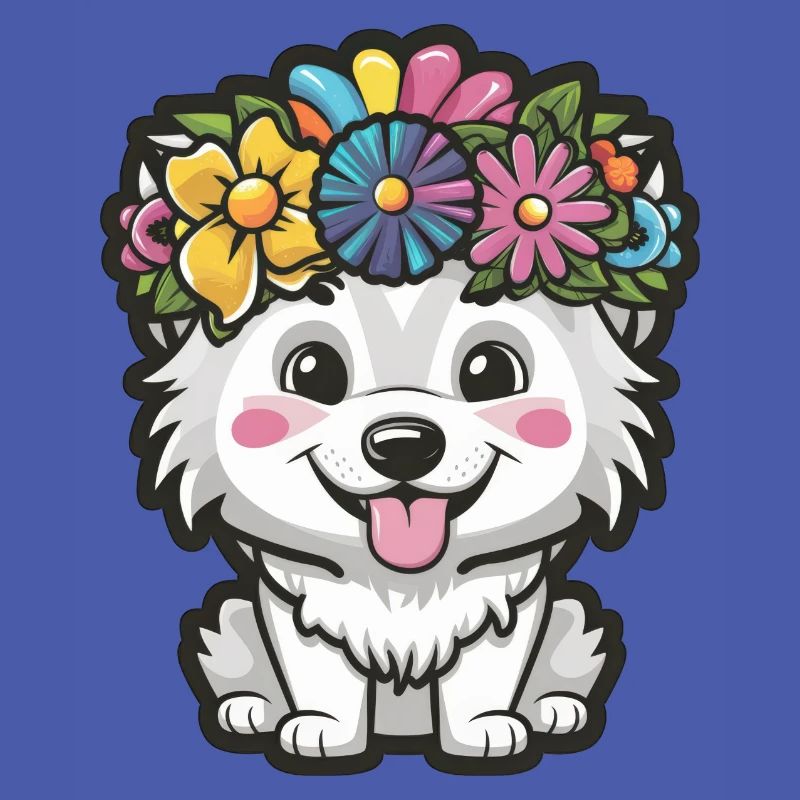 Chien Samoyède avec couronne de fleurs