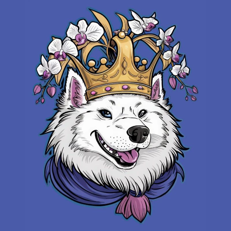 Dessin animé Spitz Samoyède avec orchidées et couronne