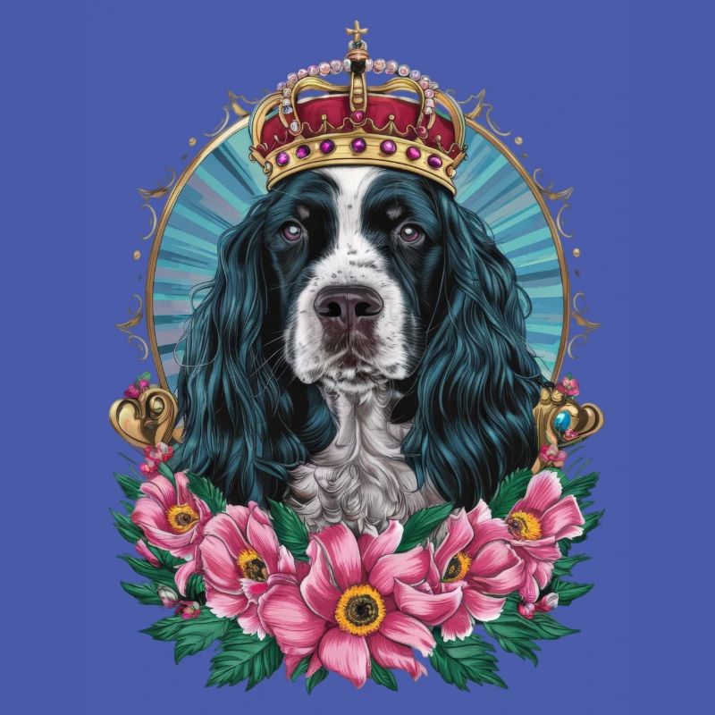 Cocker Spaniel avec fleurs et couronne