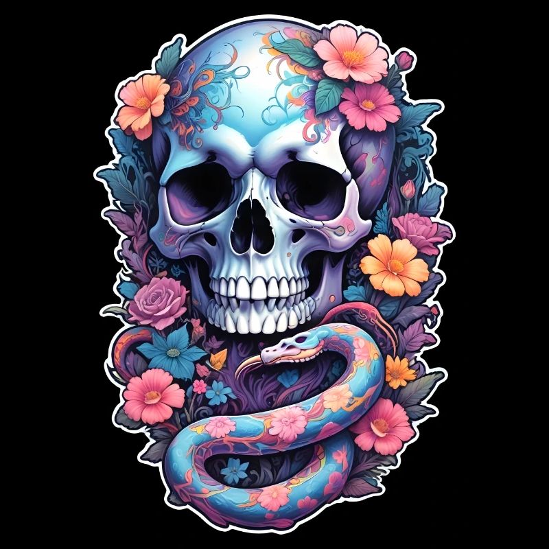 Tête de mort skull serpent coloré, fleurs, couleur