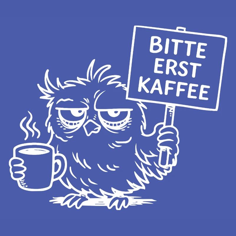 Bitte erst Kaffee – Müde Eule mit Kaffeetasse