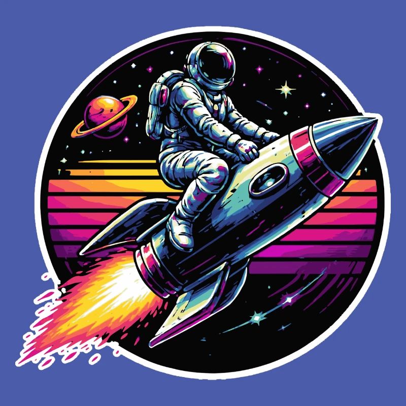 Astronaut on rocket in retro sunset
