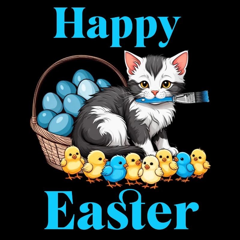 Happy Easter Cute Cat Chick Eggs Easter Time