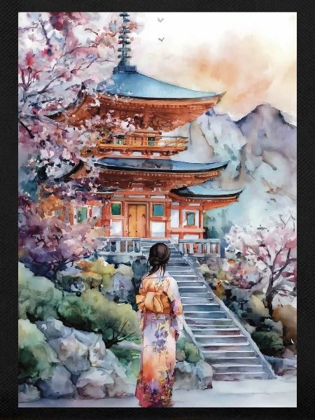 Kimono-Pagode und Kirschbäume
