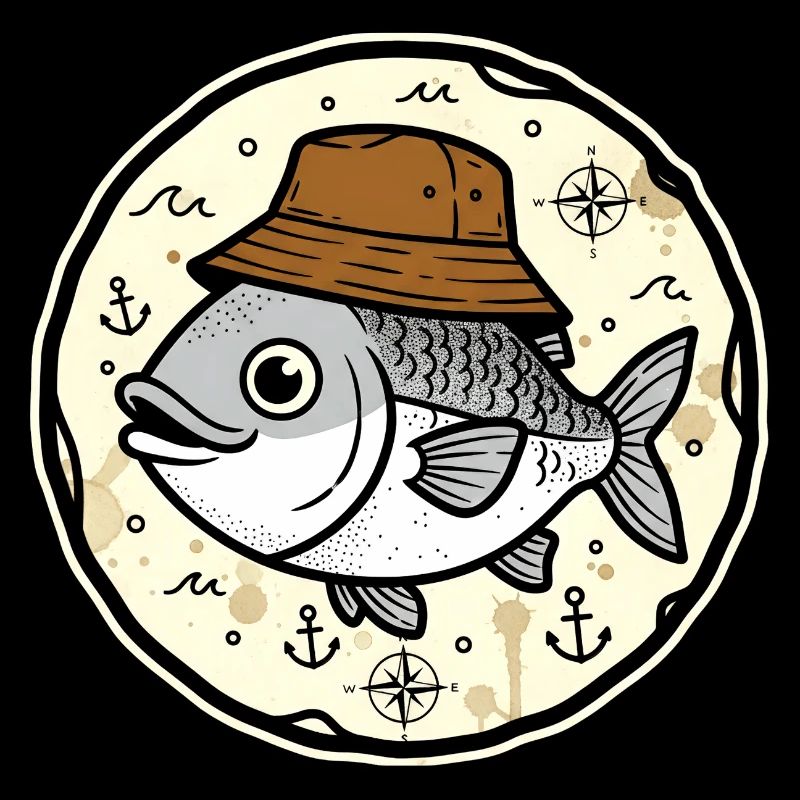 Fish with hat in nautical round logo