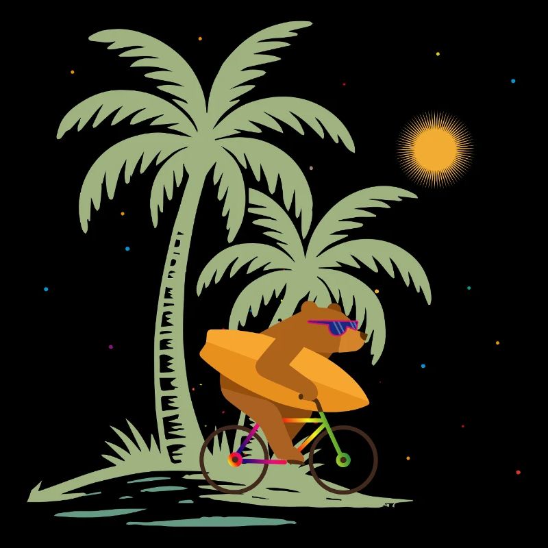 Bear with surfboard on bicycle under palm trees