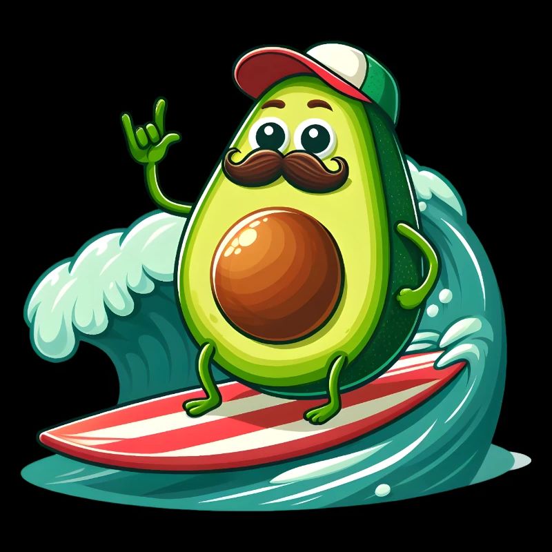 Surfende Avocado mit Schnurrbart
