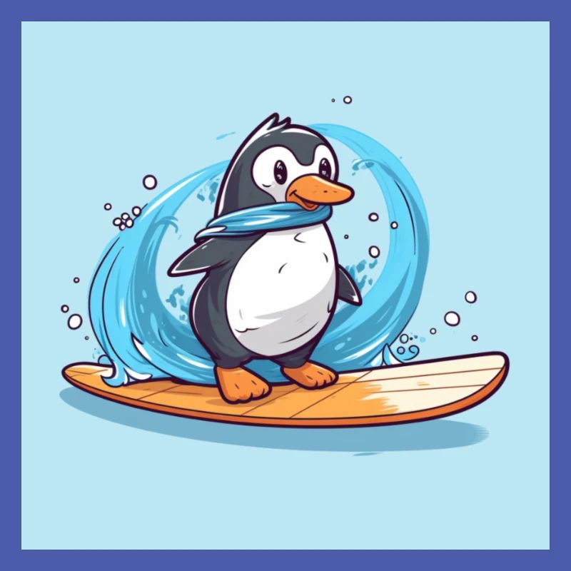 Pingouin de surf mignon sur une planche de surf