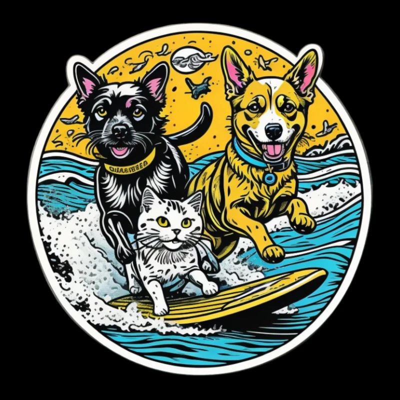 Un chat et des chiens surfant ensemble : meilleurs amis