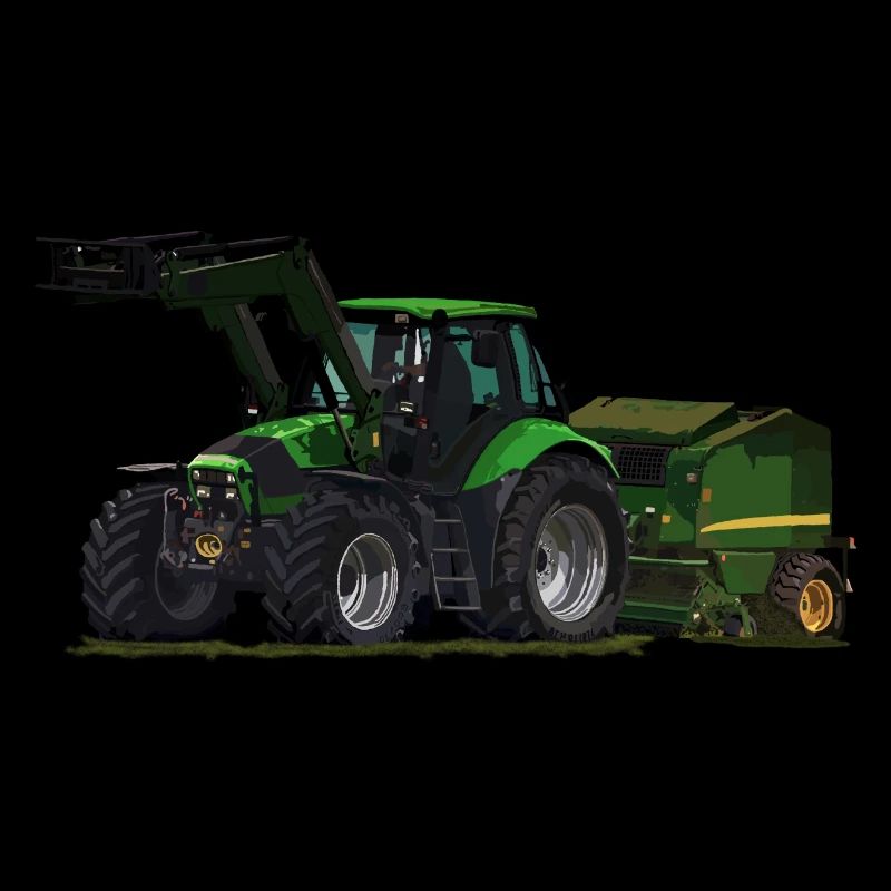 Light green tractor with front loader and baler