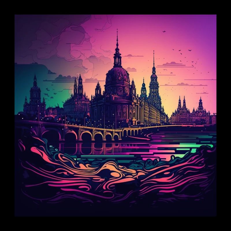 Skyline de Dresde dans la lumière du soir Optique Vaporwave