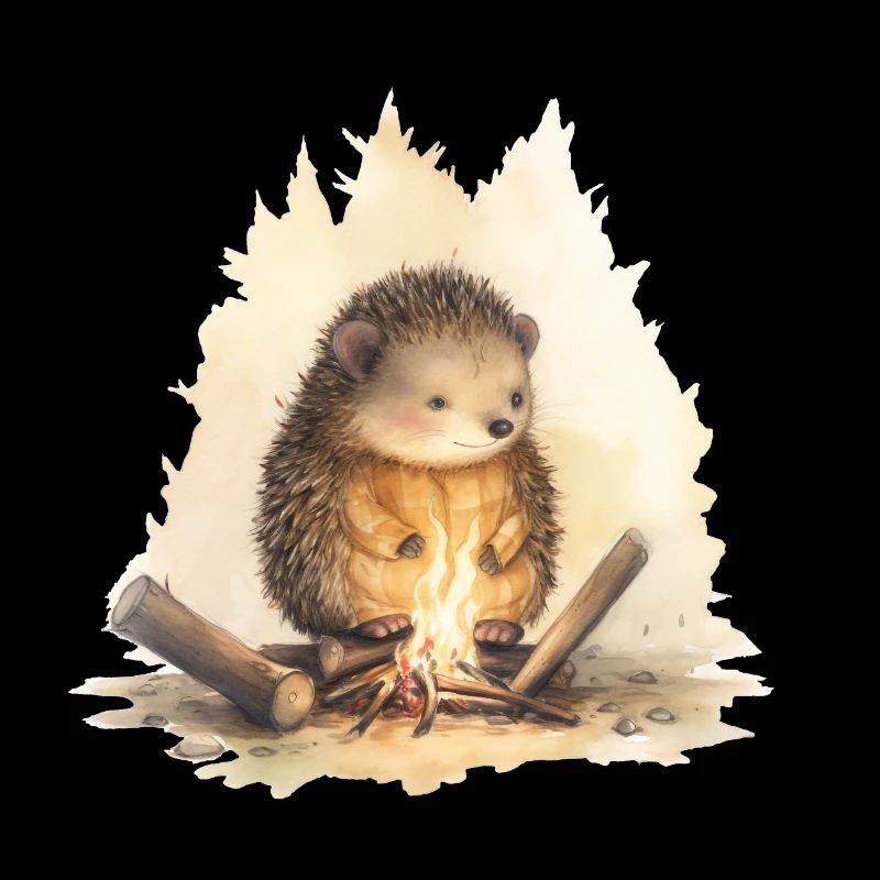 Ein süßer Igel vor einem Lagerfeuer