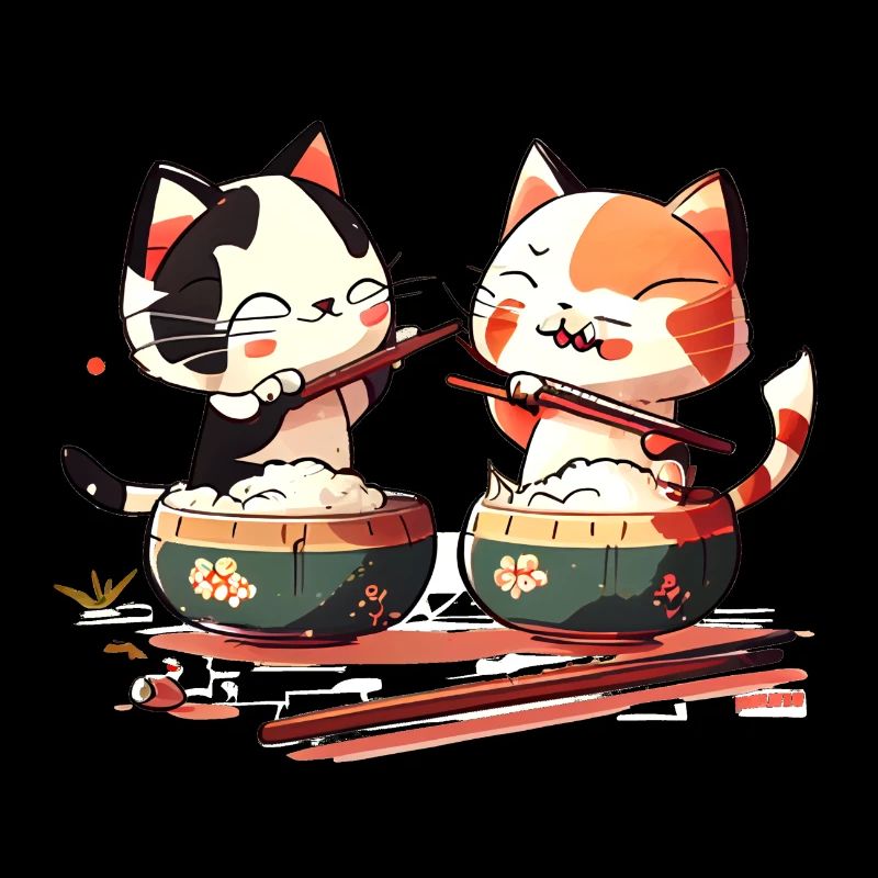 De mignons chats comiques mangent du riz ensemble