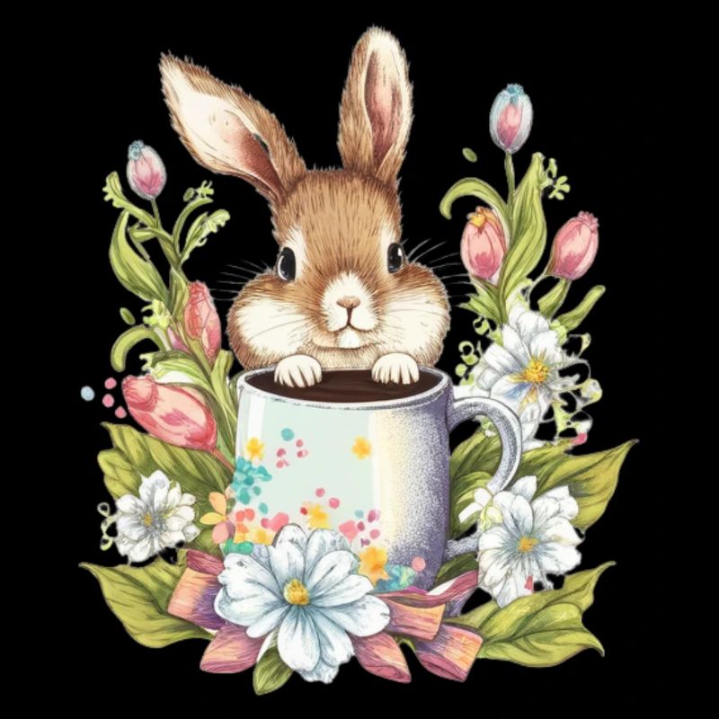 Easter Bunny with flowers and coffee mug Easter Shirts