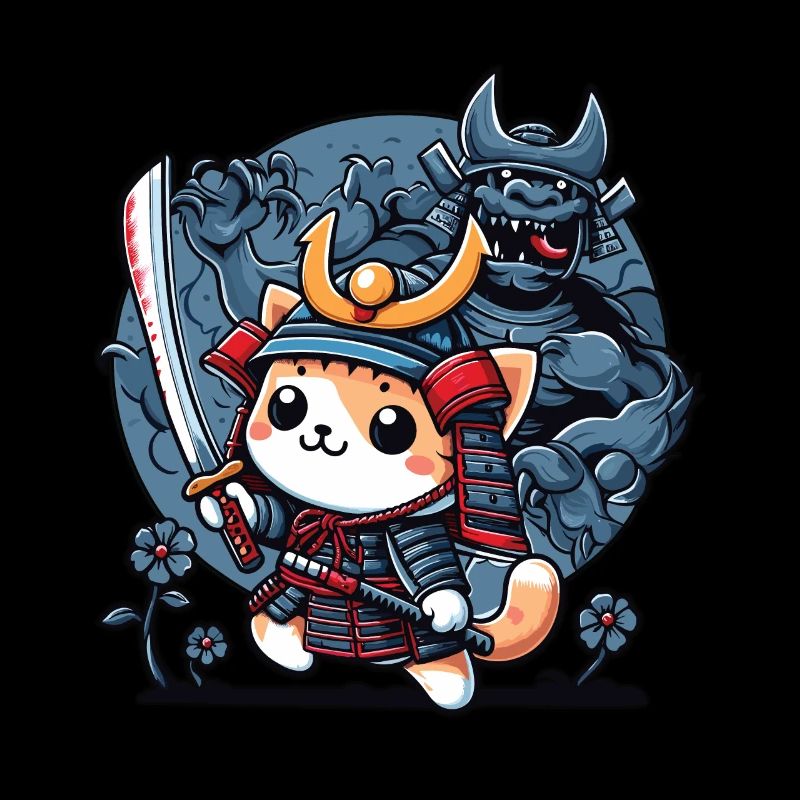 Chat ninja samouraï et monstre derrière