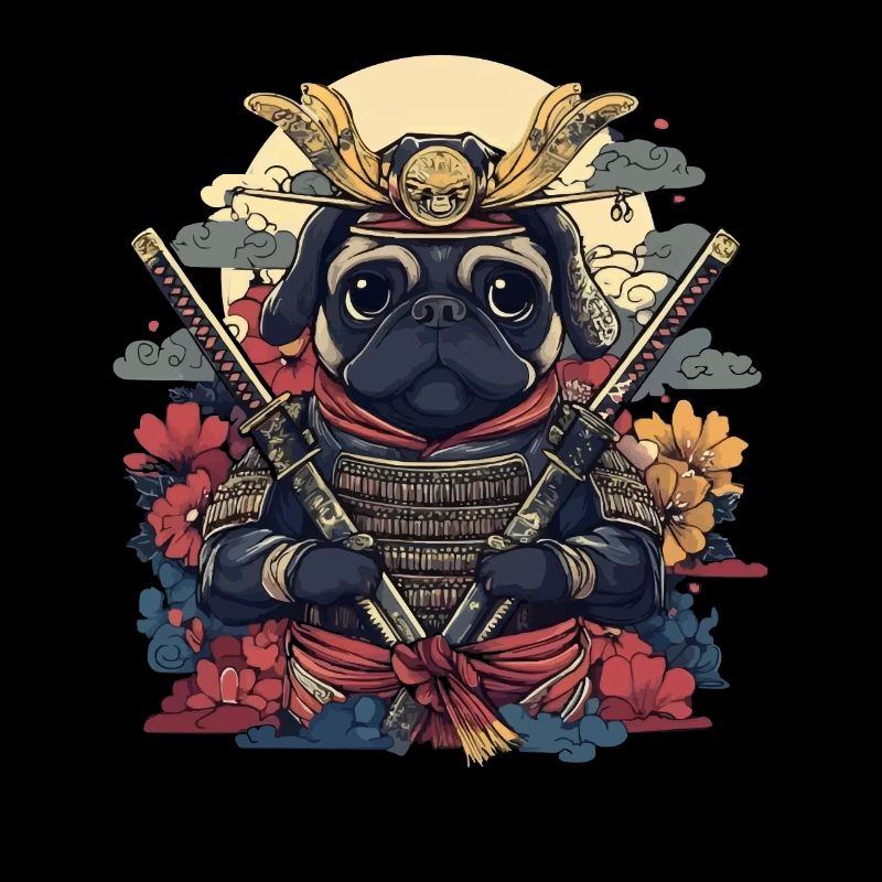 Samurai Pug Warrior with Swords and Flowers