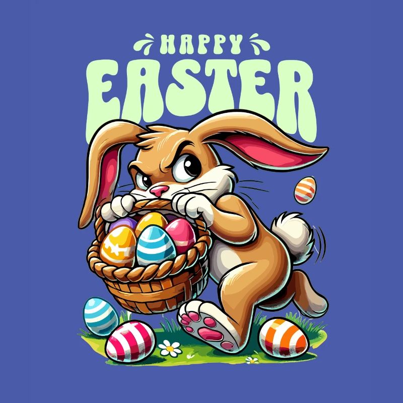 Happy Easter: Playful bunny with Easter eggs