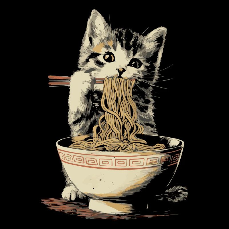 Chat mignon mangeant des ramen - conception de nouilles amusante