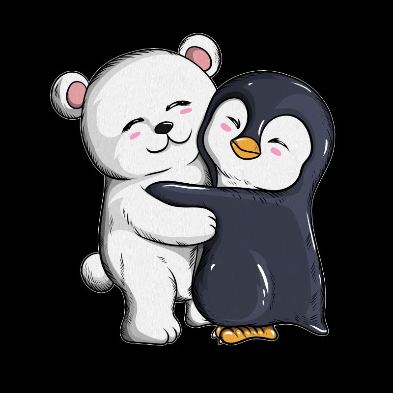 Polar bear penguin cuddle hugs penguins
