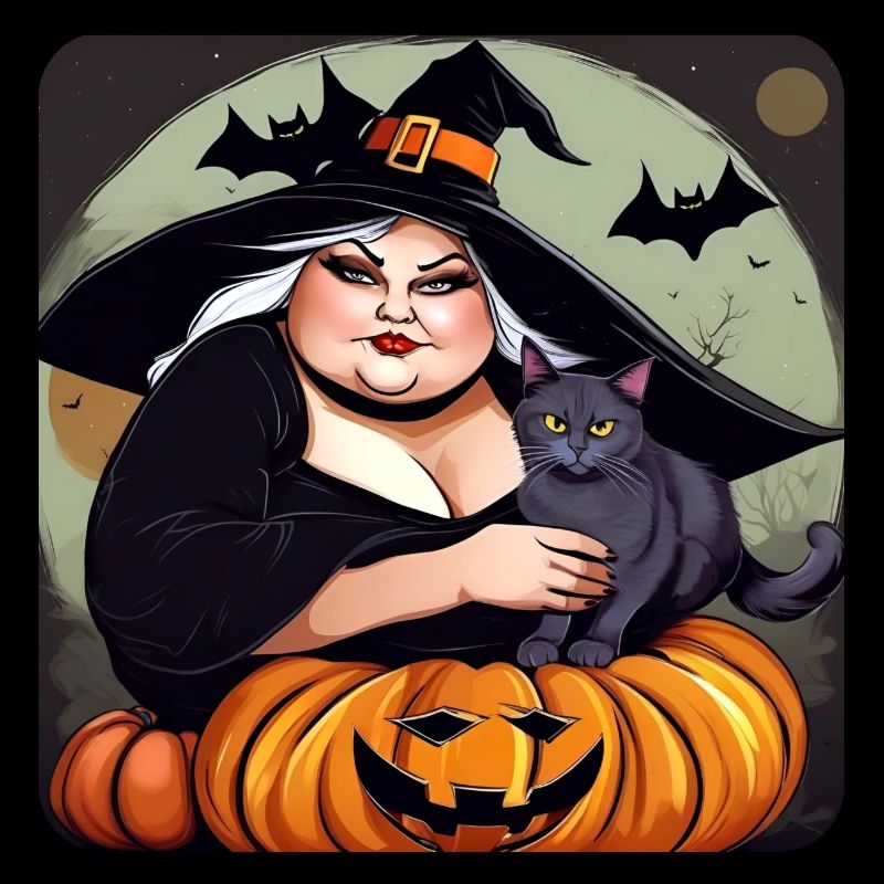 Fat witch with cat and jack-o'-lantern