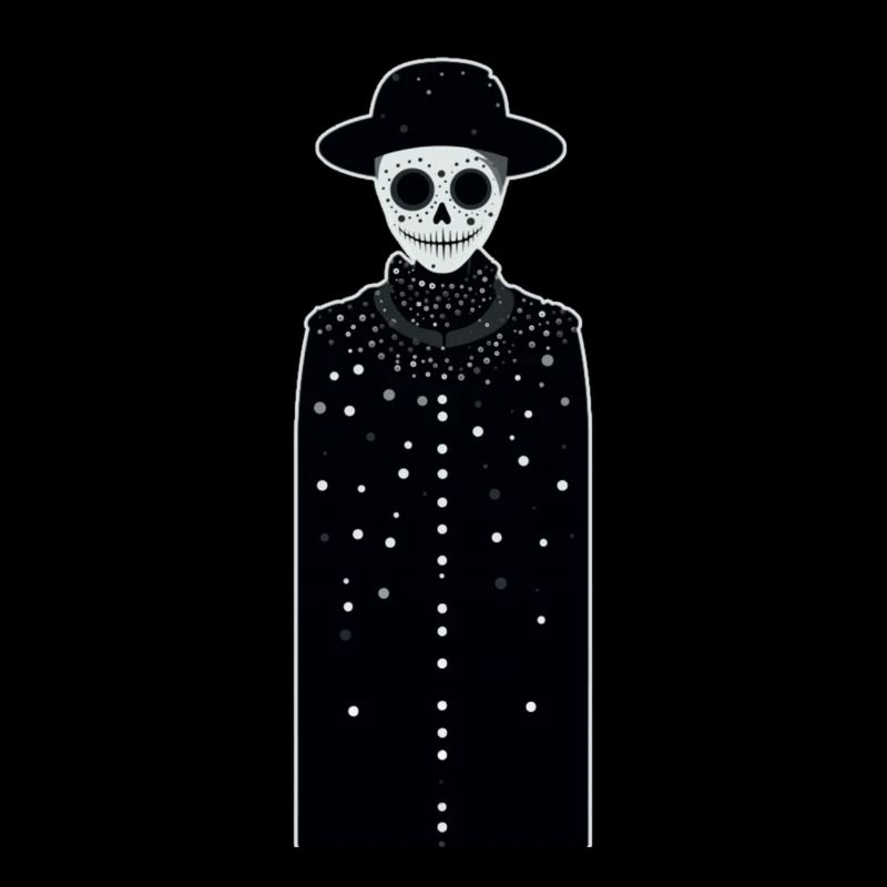 A smiling white skeleton wearing a hat and long