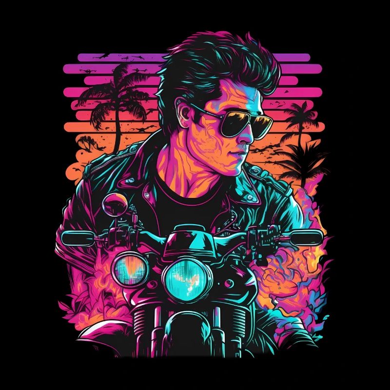 Retro Biker Illustration Motorcycle Synthwave Art