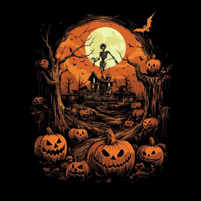 Haunted House with Pumpkins and Skeleton Full Moon