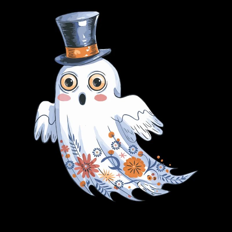 Halloween Ghost With Top Hat And Floral Pattern