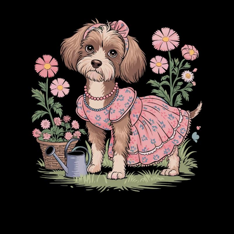 Chien Cottagecore avec fleurs et robe