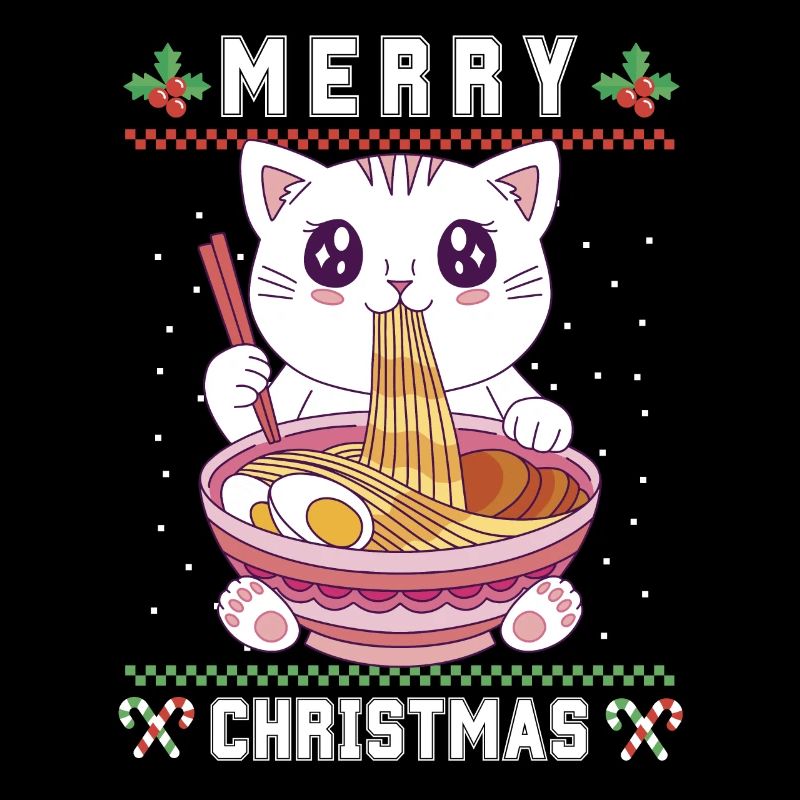 Chat d’anime kawaii mignon avec Ramen Noël laid