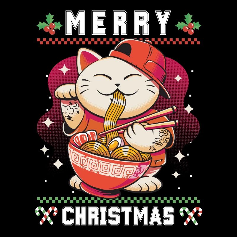 Chat d’anime kawaii mignon avec Ramen Noël laid