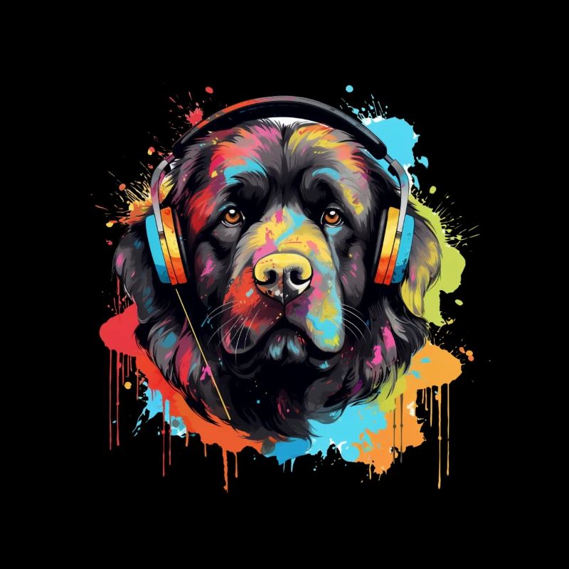 Chien Terre-Neuve avec des écouteurs éclaboussures de peinture